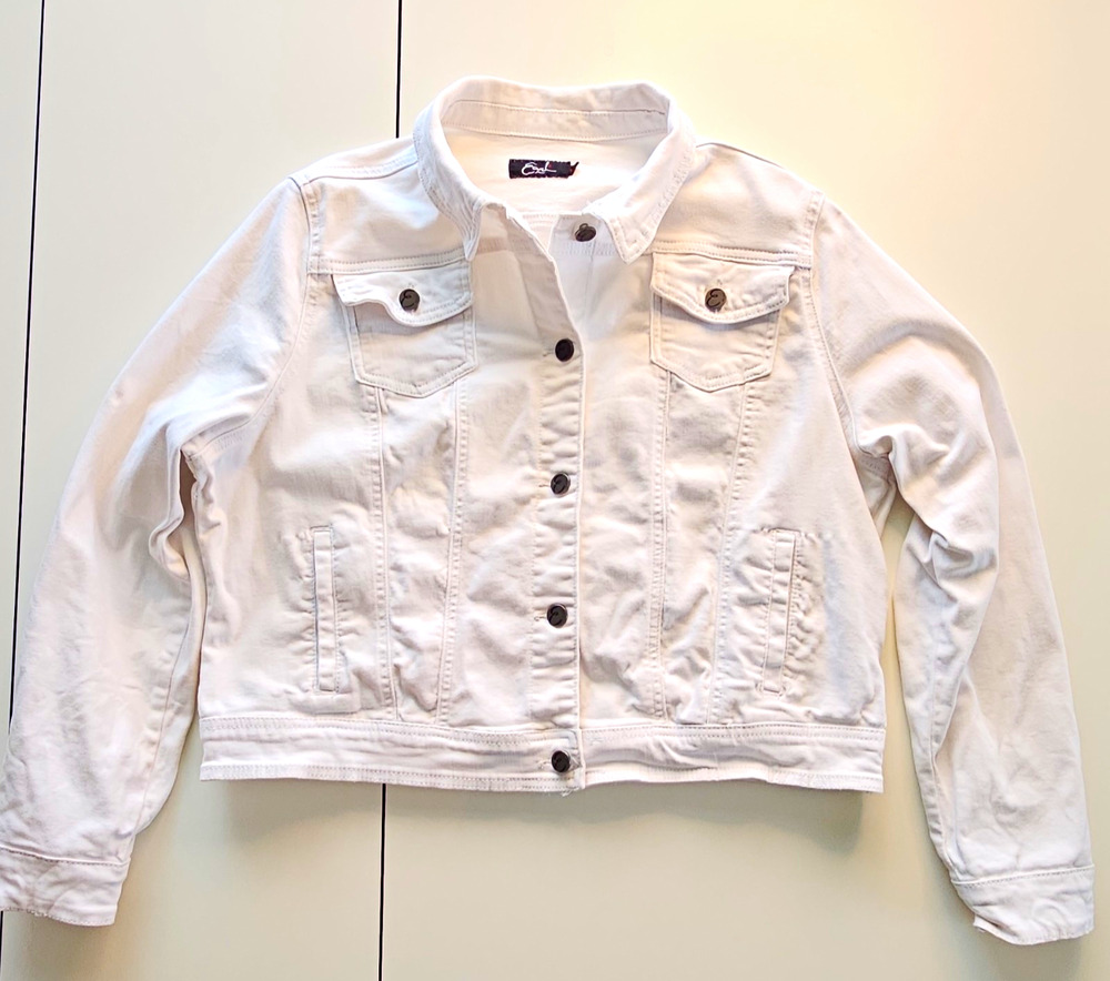 Earl Jean Womens XL White Denim Jacket Stretch Trucker Cotton Blend Button Front